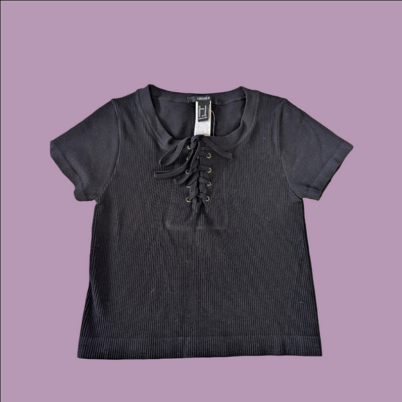 Forever 21 Tops - Crop Top Black Ribbed Lace-Up Short Sleeve Top Forever 21 Sz M NWT